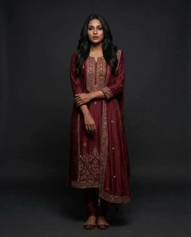 AI model wearing a merlot embroidered kurta with dupatta against a dark backdrop