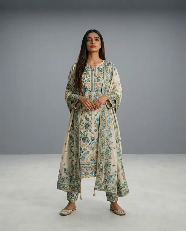 AI model wearing a beige printed kurta with dupatta in a studio