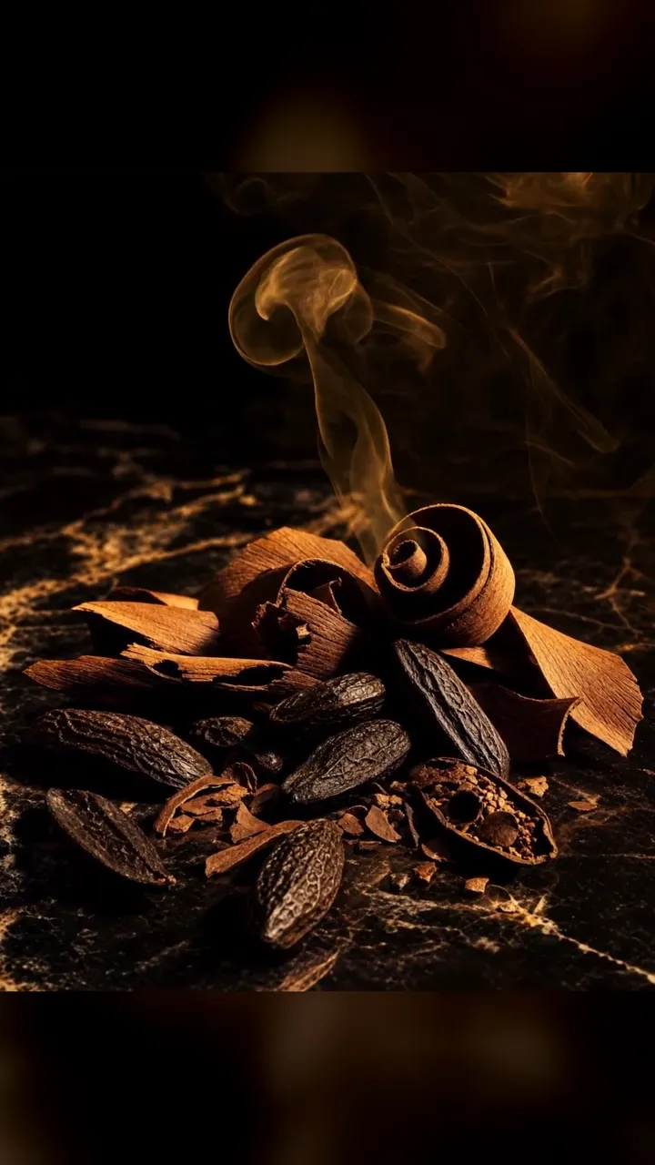 Frame from an AI fragrance video ad with smoke rising over cocoa and spices