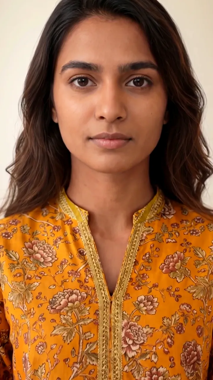 Frame from an AI fashion video ad: close-up of a model in a mustard embroidered kurta