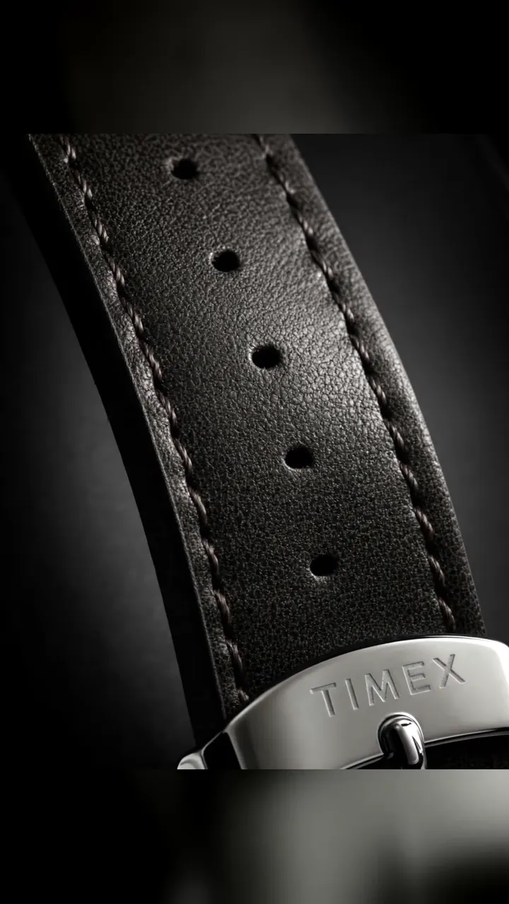 Frame from an AI watch video ad showing a stitched leather strap in macro