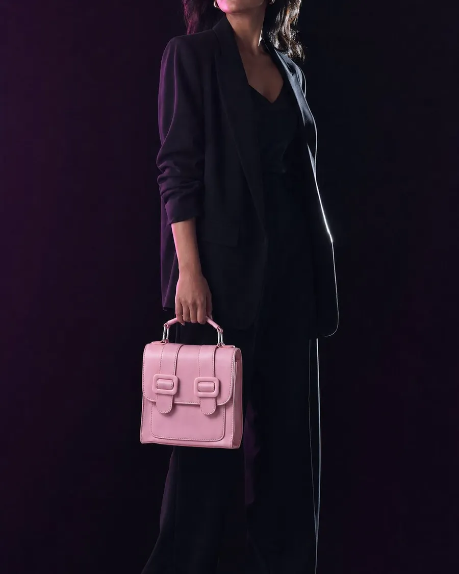 SHEvolve blush pink mini satchel — editorial campaign by NAZAR