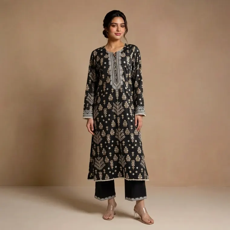 AI virtual try-on: model wearing a black floral embroidered kurta with black trousers