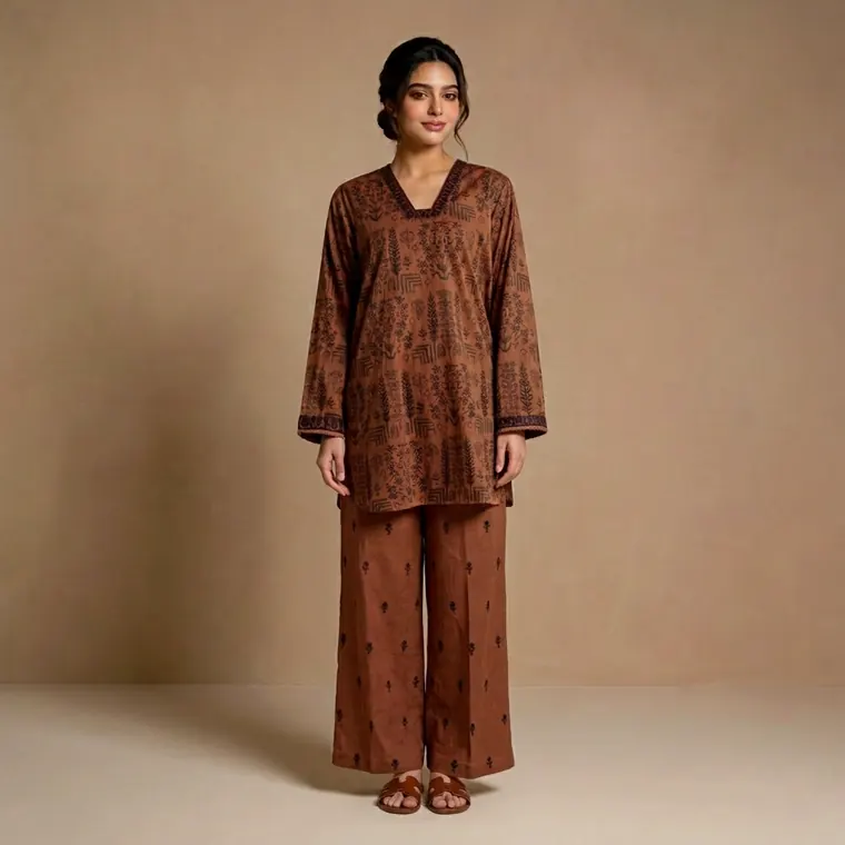 AI virtual try-on: model wearing a rust block-print kurta and matching trousers
