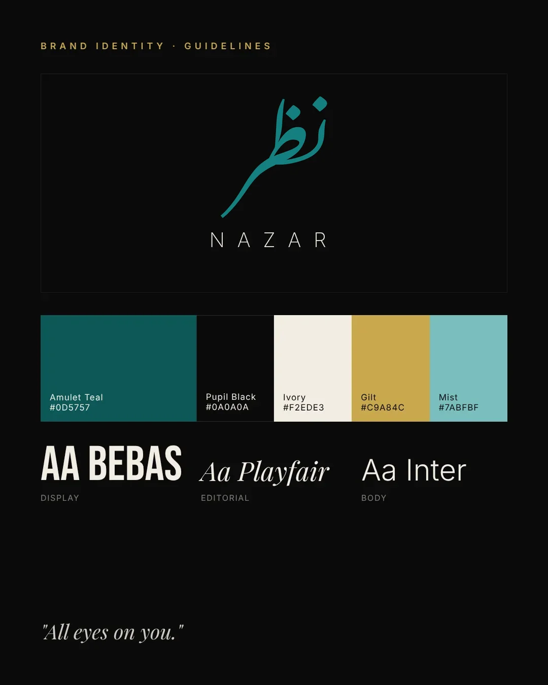 NAZAR brand identity board: logo, colour palette and typography