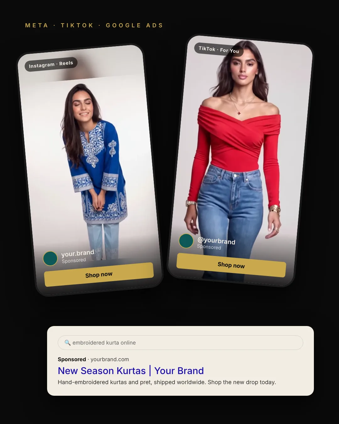 AI fashion ads running on Instagram Reels, TikTok and Google Search