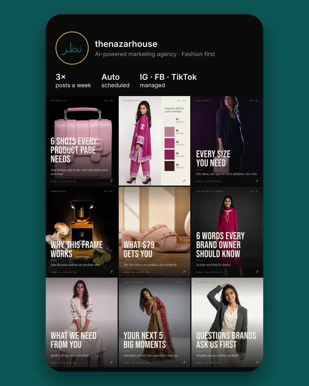 NAZAR Instagram profile with AI-designed carousel posts