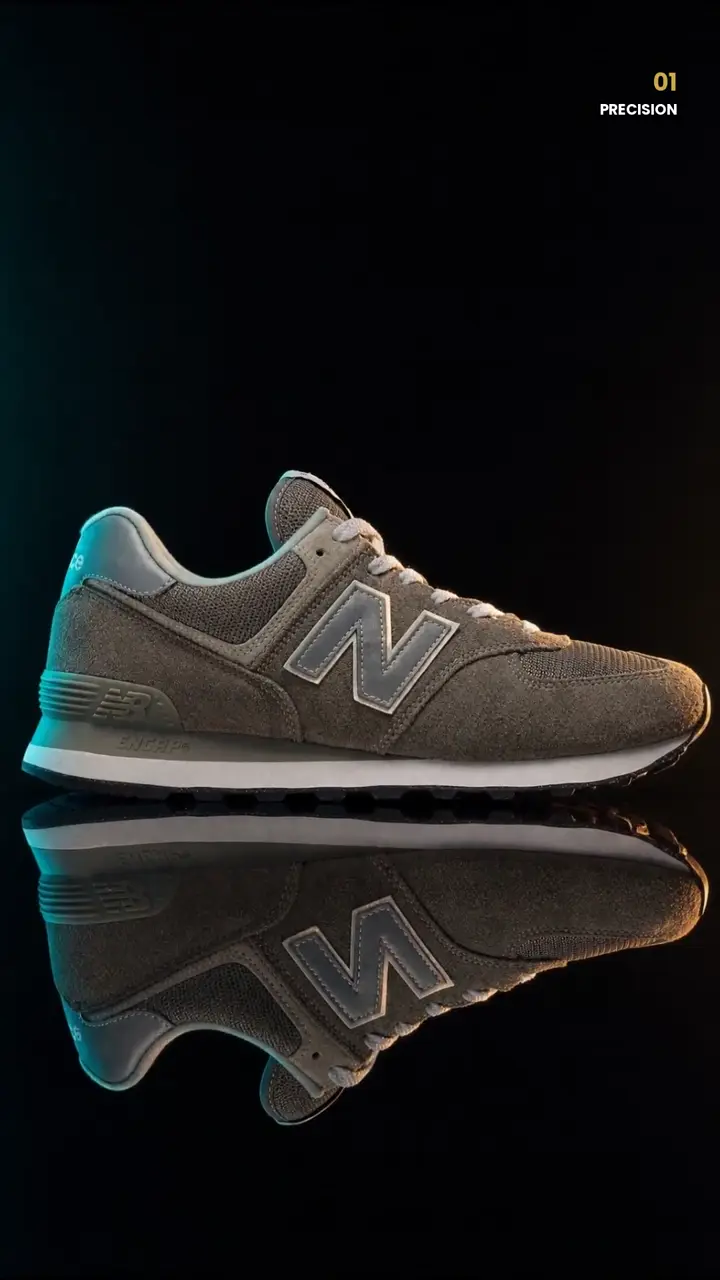 Frame from an AI sneaker video ad with a reflective product shot