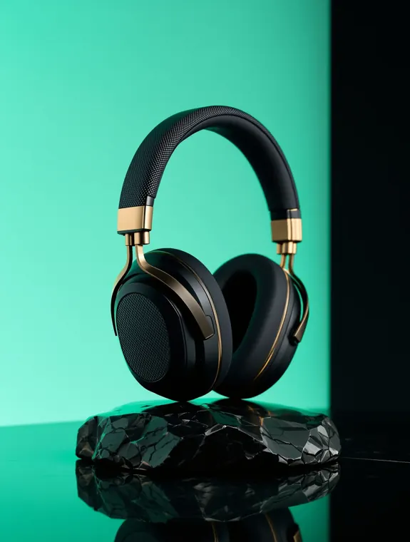 AI product photography of black and gold over-ear headphones on a rock against a teal backdrop