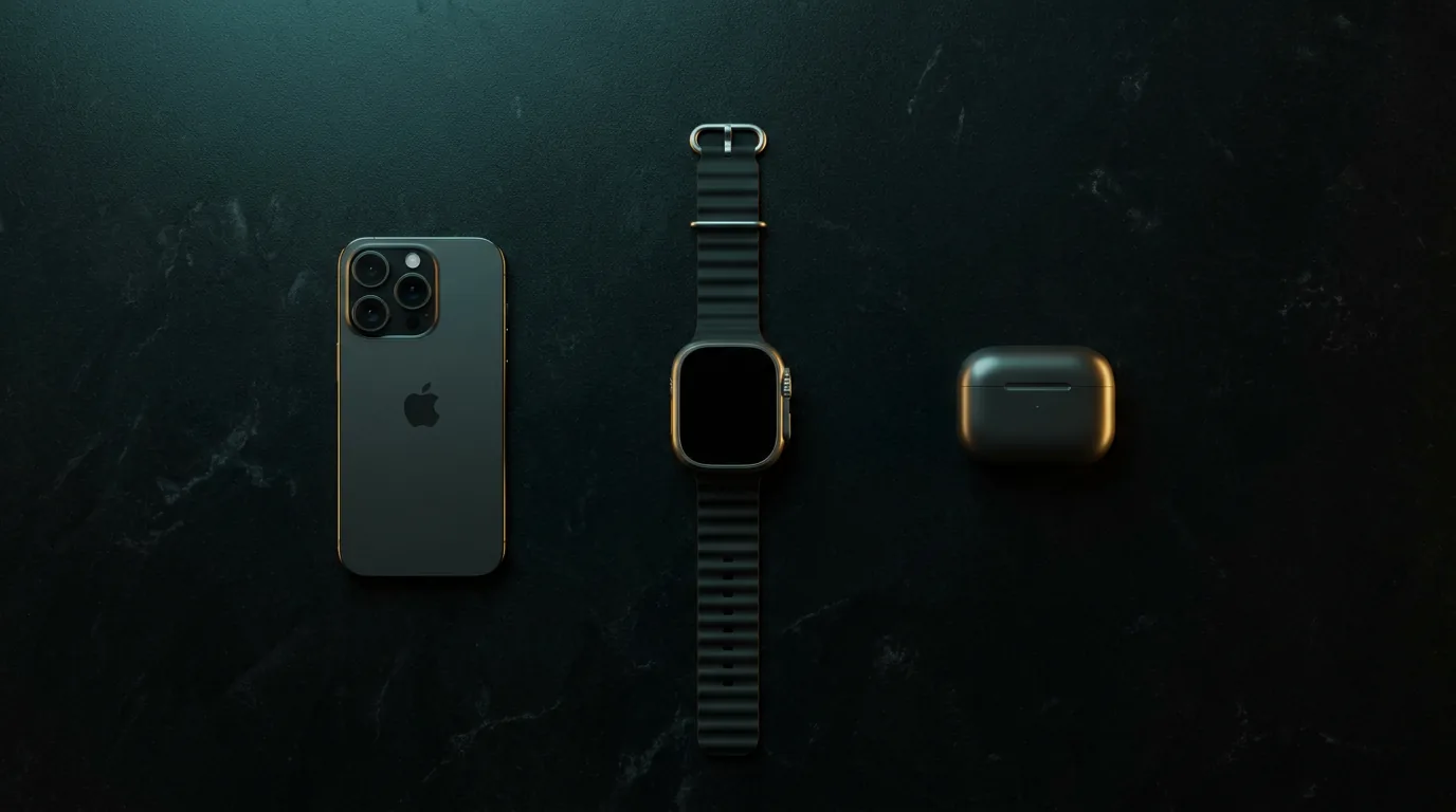 Apple Tech Flatlay — Watch Ultra 2, iPhone 16 Pro, AirPods Pro