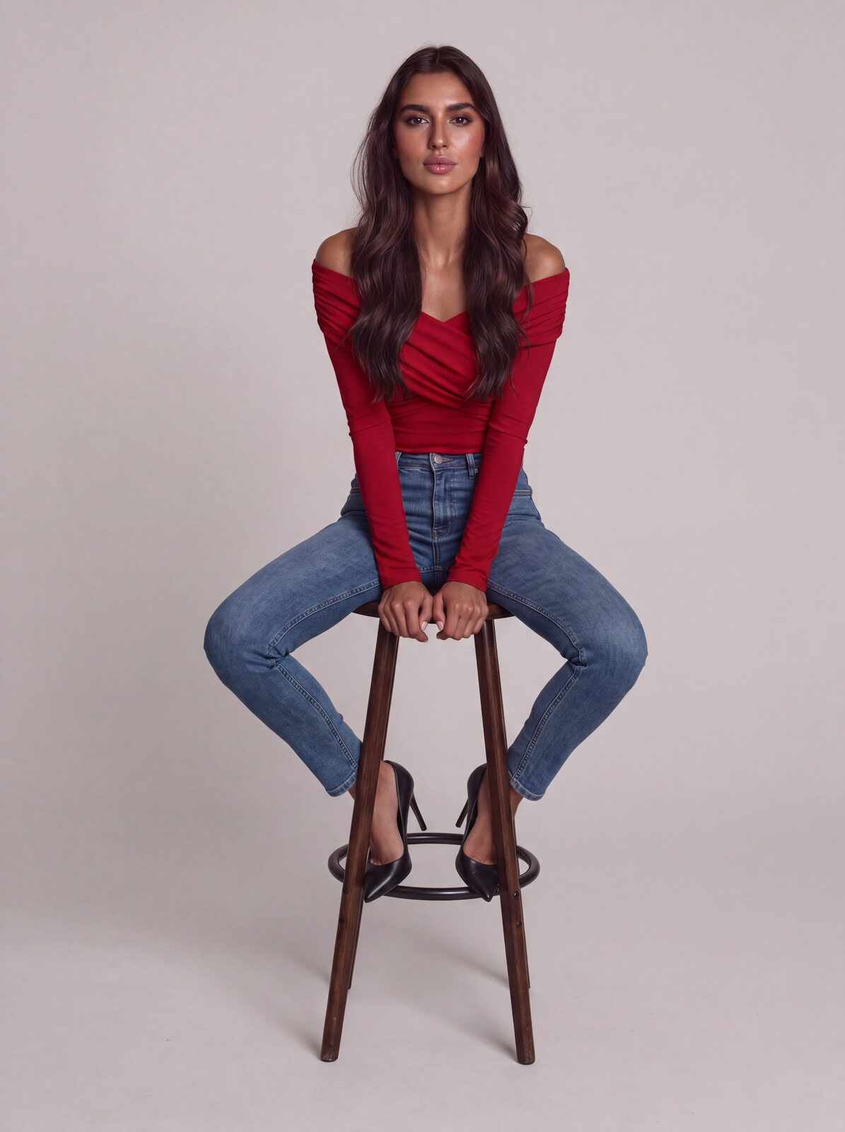 Seated on stool