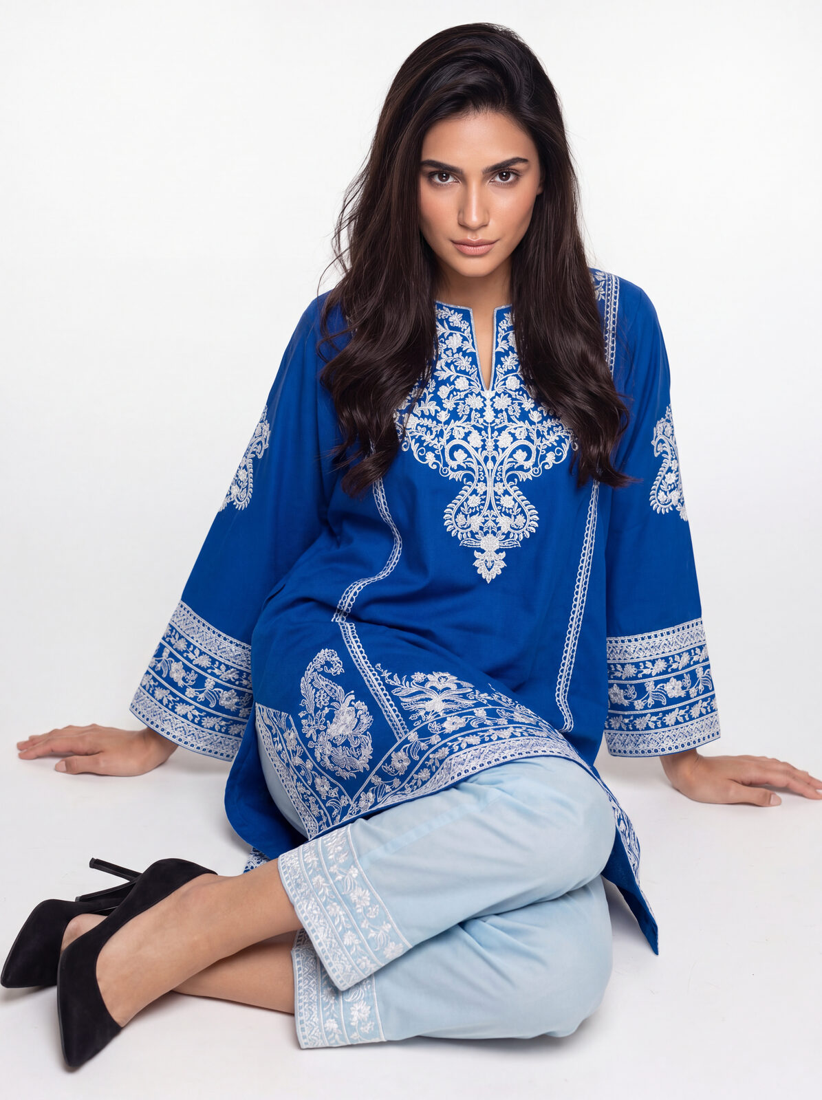 Royale blue kurta — seated