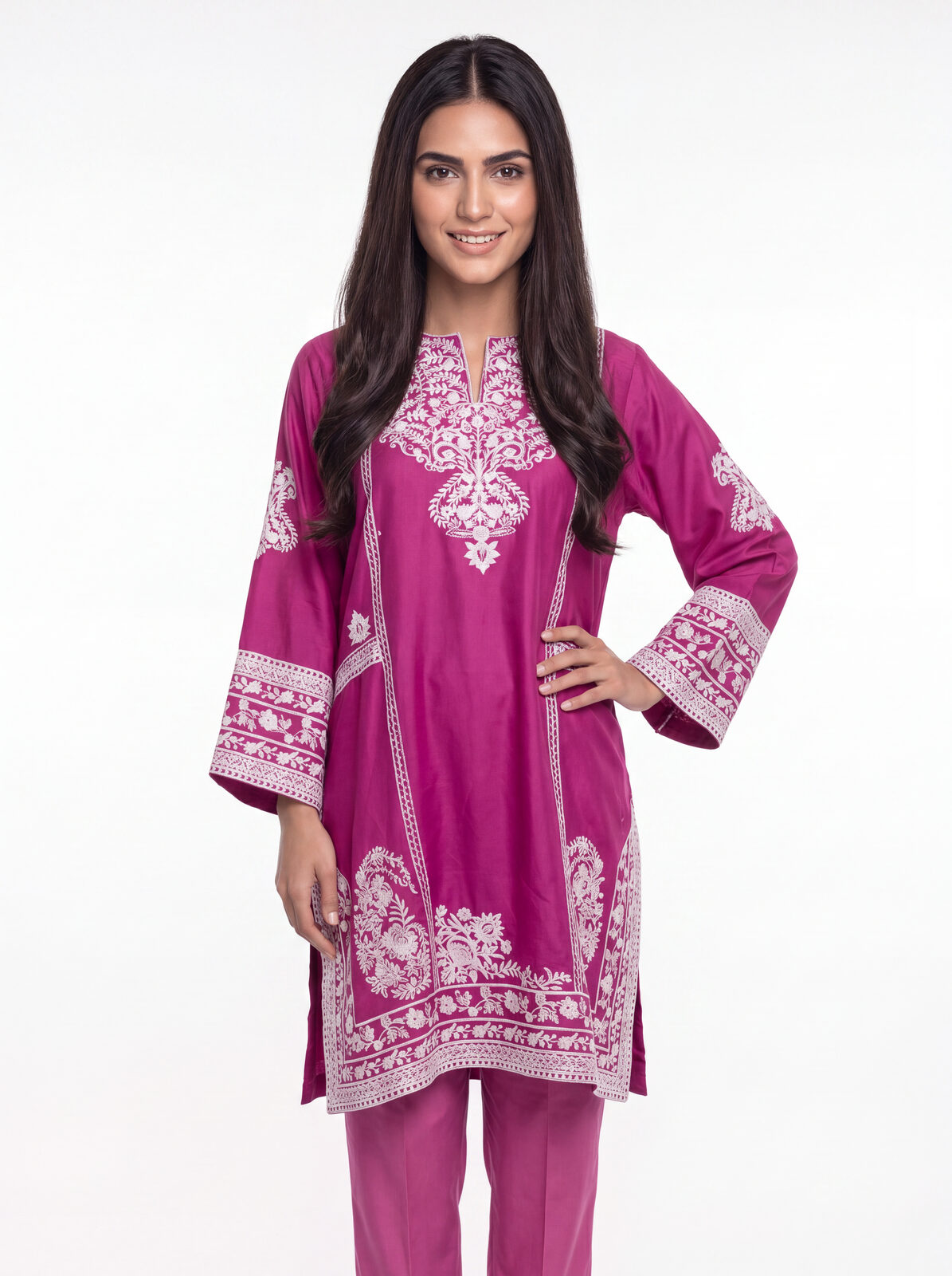 Magenta kurta — hand on hip